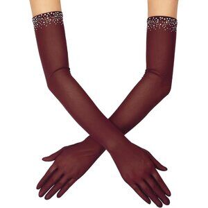 Women's Sexy Pearl Beaded Burgundy Long Gloves Tulle Mesh Wedding Party Prom